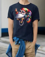 Hippie Gnome Tie-Dye Unicycle Tee - model wearing Navy T-shirt, hands in pockets, denim shirt at waist