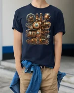 Steampunk Gear Clockwork Machine Tee - model wearing Navy T-shirt, hands in pockets, denim shirt at waist