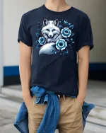 Arctic Blue Fox Floral Graphic Tee - model wearing Navy T-shirt, hands in pockets, denim shirt at waist