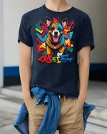 Graffiti Corgi Street Art Tee - model wearing Navy T-shirt, hands in pockets, denim shirt at waist