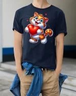Cute Valentine Cat Heart T-Shirt - model wearing Navy T-shirt, hands in pockets, denim shirt at waist