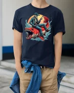 Skeleton Fisherman Riding Monster Fish Tee - model wearing Navy T-shirt, hands in pockets, denim shirt at waist