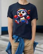 Boxing Puffin Sports Graphic Tee - model wearing Navy T-shirt, hands in pockets, denim shirt at waist