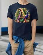 Elegant Letter A Peacock Art T-shirt - model wearing Navy T-shirt, hands in pockets, denim shirt at waist