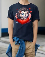 Cute Hedgehog Heart Love Valentine Tee - model wearing Navy T-shirt, hands in pockets, denim shirt at waist