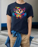 Colorful Clown Owl Cartoon T-shirt - model wearing Navy T-shirt, hands in pockets, denim shirt at waist