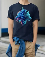Neon Dual Wolf Spirit Graphic Tee - model wearing Navy T-shirt, hands in pockets, denim shirt at waist