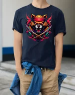 Samurai Warrior Cat Neon Katana Tee - model wearing Navy T-shirt, hands in pockets, denim shirt at waist