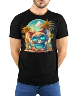 Cool Summer Cat Sunglasses T-Shirt - model with hands behind back, wearing Black T-shirt and blue jeans