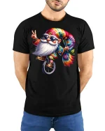 Hippie Gnome Tie-Dye Unicycle Tee - model with hands behind back, wearing Black T-shirt and blue jeans