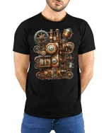 Steampunk Gear Clockwork Machine Tee - model with hands behind back, wearing Black T-shirt and blue jeans
