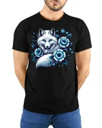 Arctic Blue Fox Floral Graphic Tee - model with hands behind back, wearing Black T-shirt and blue jeans
