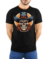 Cowboy Skull Graphic Tee - model with hands behind back, wearing Black T-shirt and blue jeans