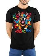 Graffiti Corgi Street Art Tee - model with hands behind back, wearing Black T-shirt and blue jeans