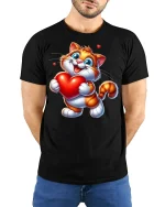 Cute Valentine Cat Heart T-Shirt - model with hands behind back, wearing Black T-shirt and blue jeans