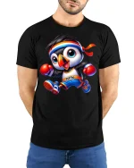 Boxing Puffin Sports Graphic Tee - model with hands behind back, wearing Black T-shirt and blue jeans