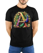 Elegant Letter A Peacock Art T-shirt - model with hands behind back, wearing Black T-shirt and blue jeans