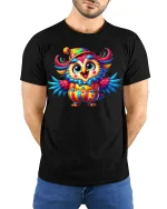 Colorful Clown Owl Cartoon T-shirt - model with hands behind back, wearing Black T-shirt and blue jeans