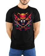 Samurai Warrior Cat Neon Katana Tee - model with hands behind back, wearing Black T-shirt and blue jeans