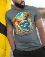 Cool Summer Cat Sunglasses T-Shirt - model leaning on yellow-black pole, wearing Gray T-shirt, hand in pocket