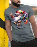 Hippie Gnome Tie-Dye Unicycle Tee - model leaning on yellow-black pole, wearing Gray T-shirt, hand in pocket