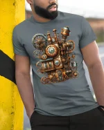 Steampunk Gear Clockwork Machine Tee - model leaning on yellow-black pole, wearing Gray T-shirt, hand in pocket