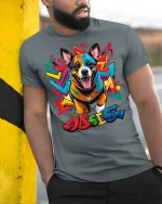 Graffiti Corgi Street Art Tee - model leaning on yellow-black pole, wearing Gray T-shirt, hand in pocket