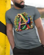 Elegant Letter A Peacock Art T-shirt - model leaning on yellow-black pole, wearing Gray T-shirt, hand in pocket