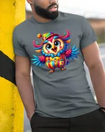 Colorful Clown Owl Cartoon T-shirt - model leaning on yellow-black pole, wearing Gray T-shirt, hand in pocket