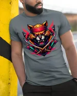 Samurai Warrior Cat Neon Katana Tee - model leaning on yellow-black pole, wearing Gray T-shirt, hand in pocket