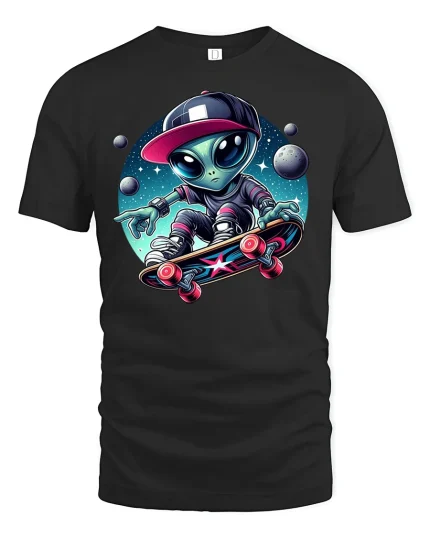 Alien Skateboarding T-Shirt - black t-shirt on white background