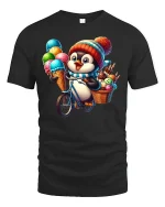 Cute Penguin T-Shirt with Ice Cream Bicycle - black t-shirt on white background