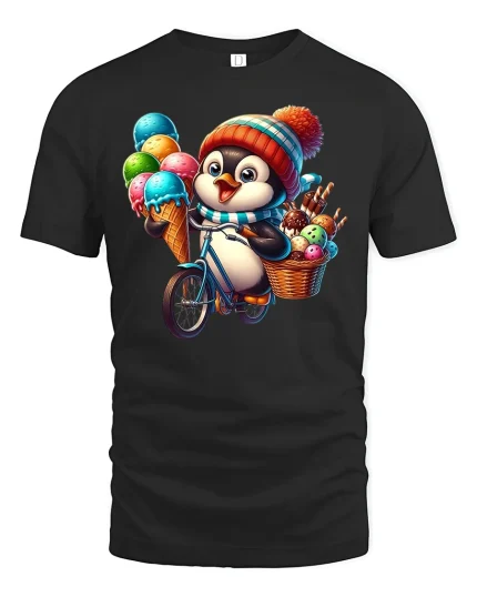 Cute Penguin T-Shirt with Ice Cream Bicycle - black t-shirt on white background