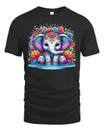 Cute Colorful Elephant Tee - black t-shirt on white background