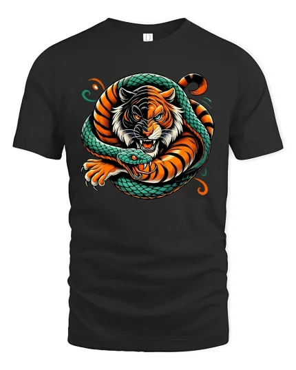 Fierce Tiger Snake Battle Graphic Tee - black t-shirt on white background