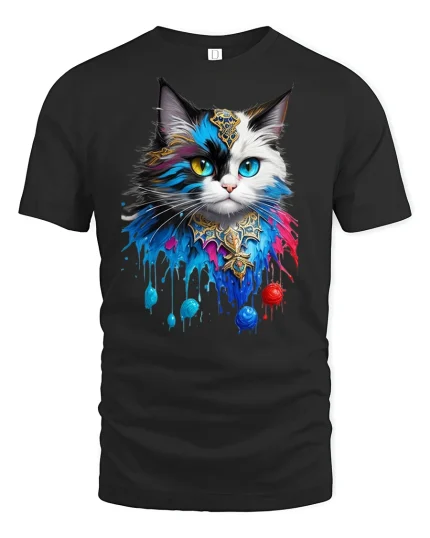 Mystic Colorful Cat T-Shirt - black t-shirt on white background