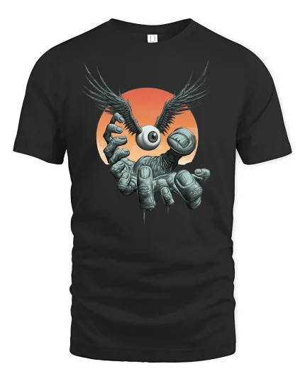 Winged Eyeball Hand T-Shirt - black t-shirt on white background