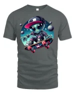 Alien Skateboarding T-Shirt - gray t-shirt on white background