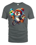 Cute Penguin T-Shirt with Ice Cream Bicycle - gray t-shirt on white background