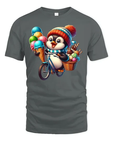 Cute Penguin T-Shirt with Ice Cream Bicycle - gray t-shirt on white background