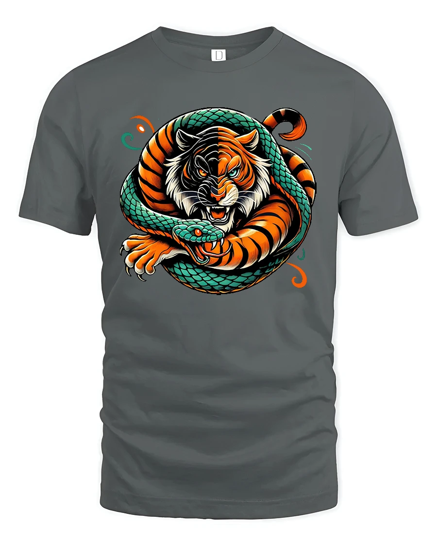 Fierce Tiger Snake Battle Graphic Tee - 1 Fierce Tiger Snake Battle Graphic Tee - gray t-shirt on white background