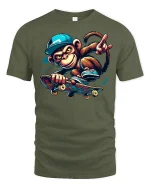 Funny Monkey Skateboarding T-Shirt - military green t-shirt on white background