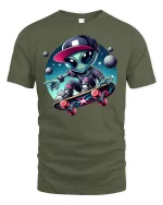 Alien Skateboarding T-Shirt - military green t-shirt on white background