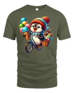 Cute Penguin T-Shirt with Ice Cream Bicycle - military green t-shirt on white background