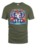 Cute Colorful Elephant Tee - military green t-shirt on white background