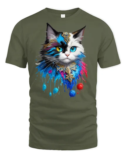 Mystic Colorful Cat T-Shirt - military green t-shirt on white background