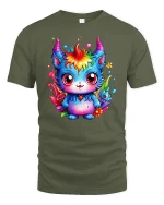 Rainbow Demon Kawaii Monster - military green t-shirt on white background
