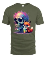 Cosmic Skull Fox T-Shirt - military green t-shirt on white background