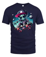 Alien Skateboarding T-Shirt - navy t-shirt on white background