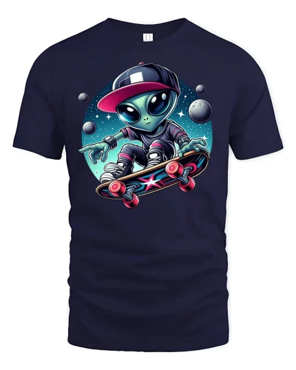 Alien Skateboarding T-Shirt - navy t-shirt on white background